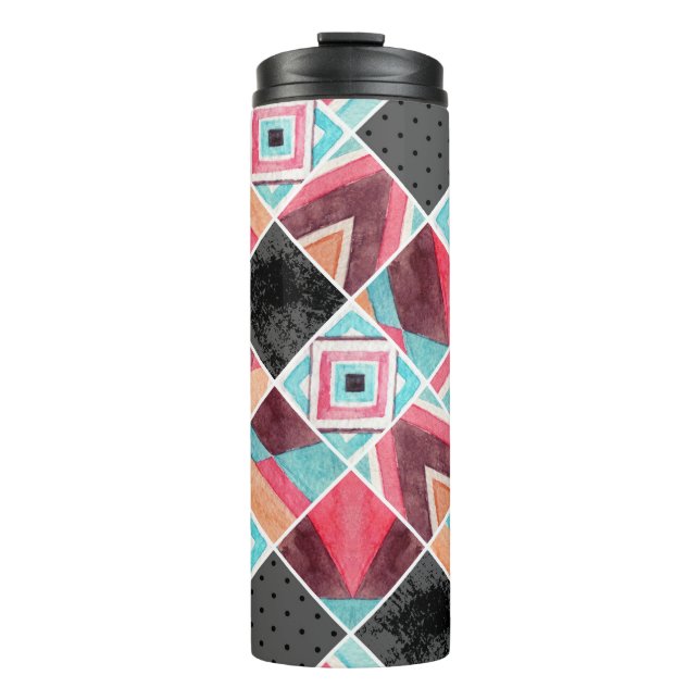 Geometric squares, watercolor patchwork thermal tumbler (Front)