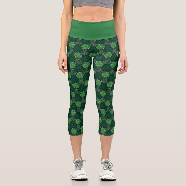 Geometric St Patricks day Celtic Triskele Shamrock Capri Leggings (Front)