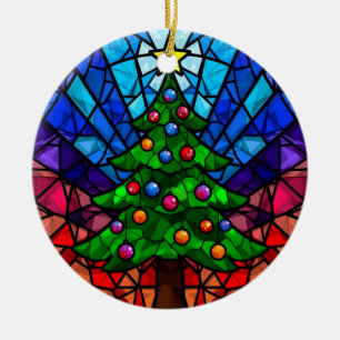 Geometric Stained Glass Christmas Tree Ceramic Ornament