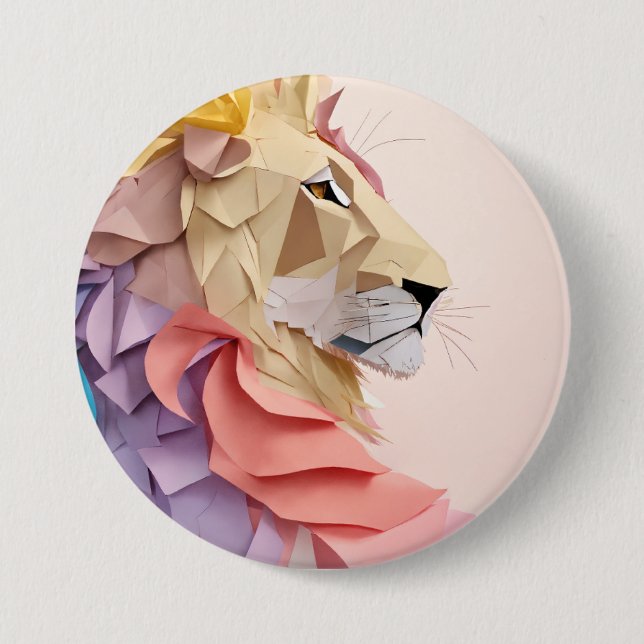 Geometric Stained Glass Lion  3 Inch Round Button (Front)