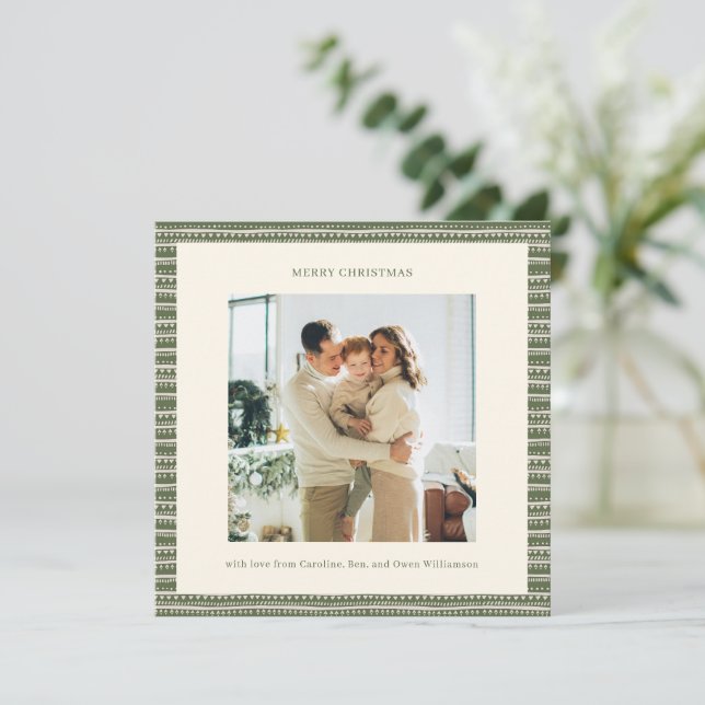 Geometric Stripes Olive Green Christmas Photo  Holiday Card (Standing Front)