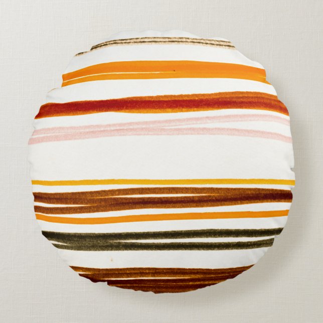 Geometric stripes, orange watercolor illustration round pillow (Front)