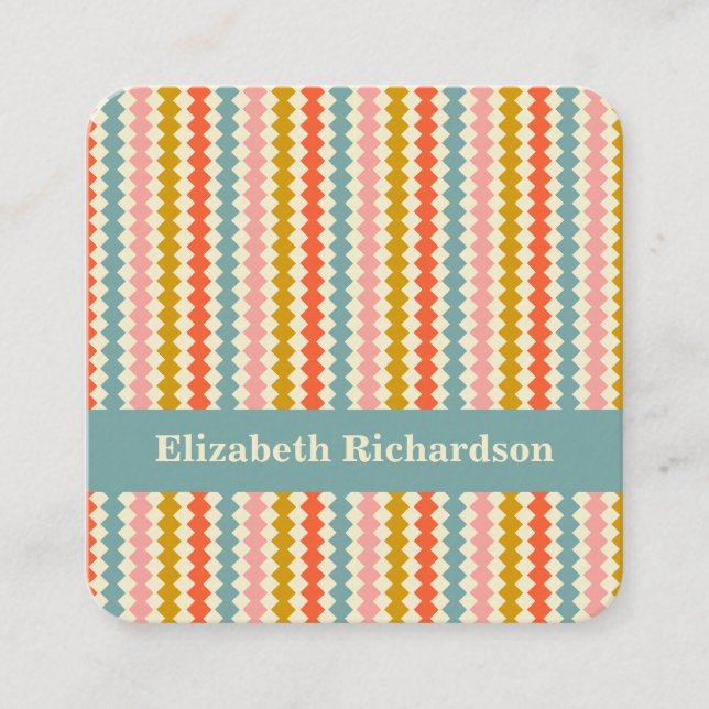 Geometric Stripes Retro Colourful Personalized Nam Square Business Card (Front)