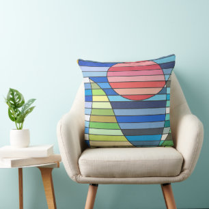 Geometric Stripes with Red Circle and Green Curves Throw Pillow