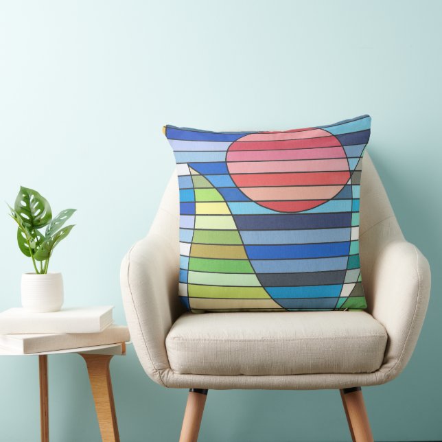 Geometric Stripes with Red Circle and Green Curves Throw Pillow (Chair)