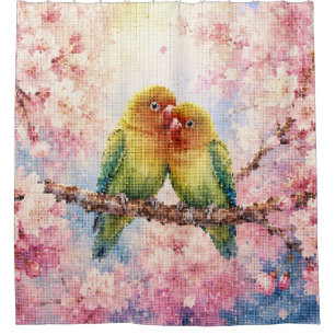 Geometric Style Lovebirds Among Cherry Blossoms