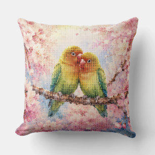Geometric Style Lovebirds Among Cherry Blossoms Throw Pillow