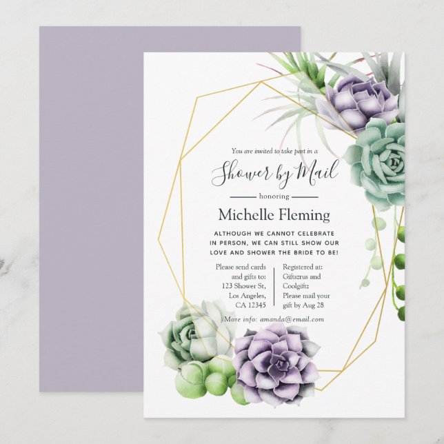 Geometric Succulents Baby or Bridal Shower by Mail Invitation (Front/Back)