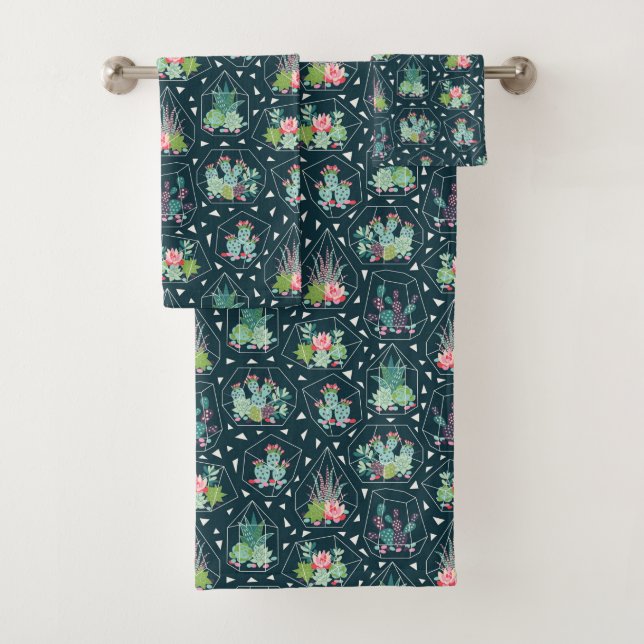 Geometric Succulents Pattern Bath Towel Set (Insitu)