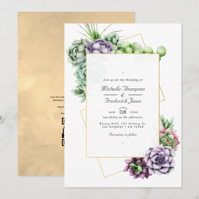 Geometric Succulents QR Code RSVP Wedding Invitation (Front/Back)