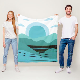 Geometric Sun Mountain Abstract with Tribal Border Fleece Blanket