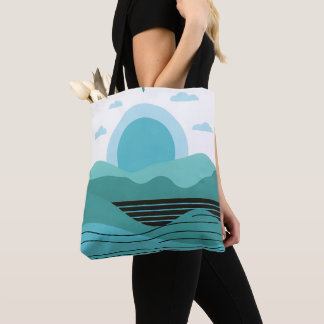 Geometric Sun Mountain Abstract with Tribal Border Tote Bag
