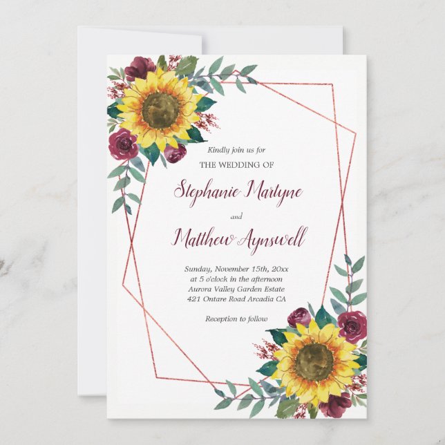 Geometric Sunflower Burgundy Floral Rose Wedding Invitation (Front)