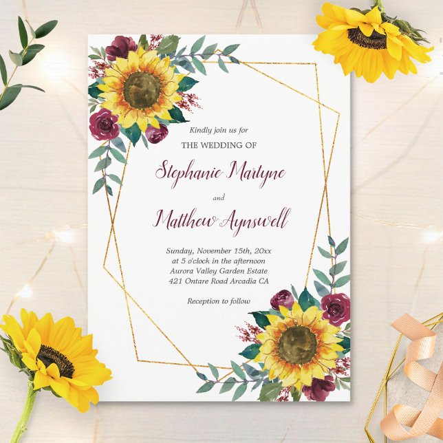 Geometric Sunflower Burgundy Roses Floral Wedding Invitation (Creator Uploaded)