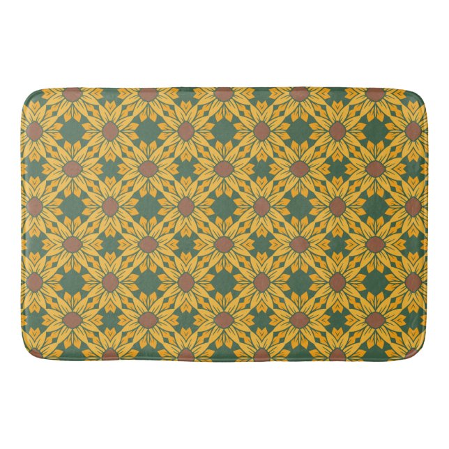 Geometric Sunflower Patterns on Dark Green  Bath Mat (Front)