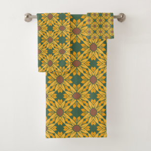 Geometric Sunflower Patterns on Dark Green  Bath Towel Set