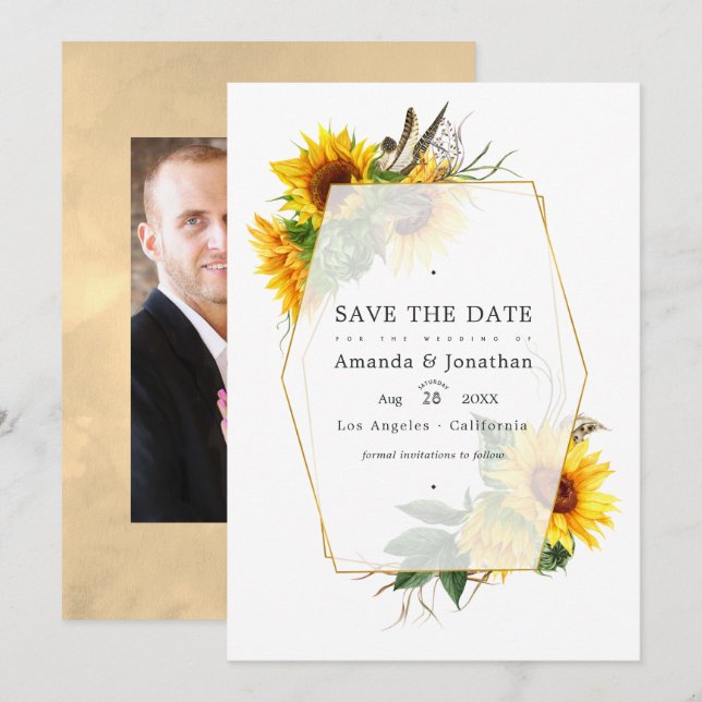 Geometric Sunflower Rustic Barn Country Wedding Save The Date (Front/Back)