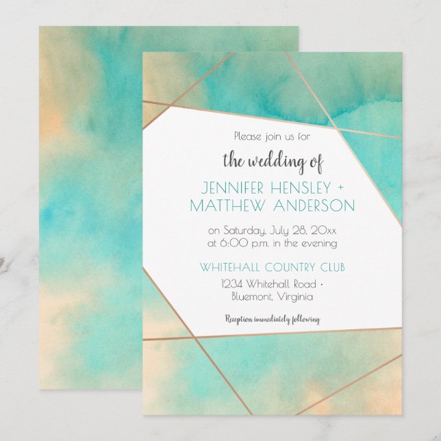 Geometric Teal and Peach Watercolor Splash Wedding Invitation (Front/Back)