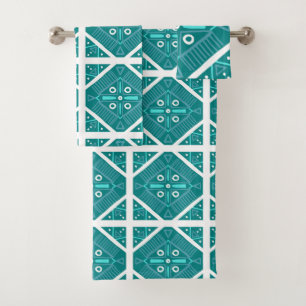 Geometric Teal Tile Print Pattern Aqua Blue Bath Towel Set