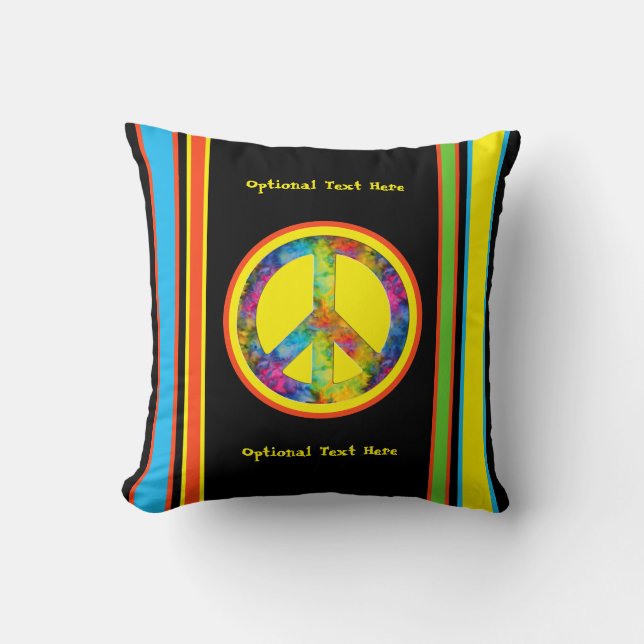 [Geometric Tie-Dye] Stripes with Peace Sign Black Throw Pillow (Front)