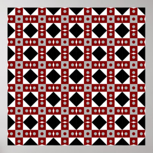 Geometric tile in Red,  Black and white colorsabst Poster