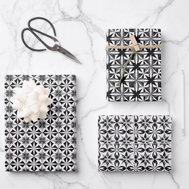 Geometric Tile Pattern with Floral Diamond Motifs Wrapping Paper Sheet (Front)