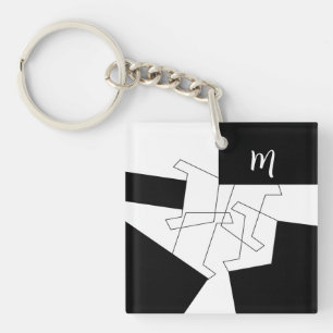 Geometric Trendy Black And White Monogrammed Keychain