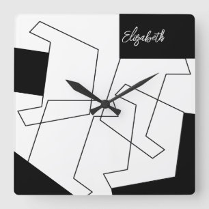 Geometric Trendy Black And White Monogrammed Square Wall Clock