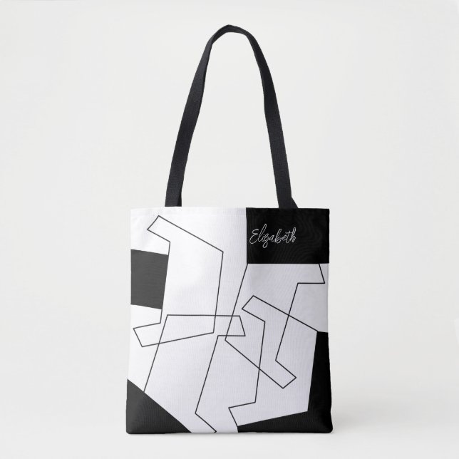 Geometric Trendy Black And White Monogrammed Tote Bag (Front)