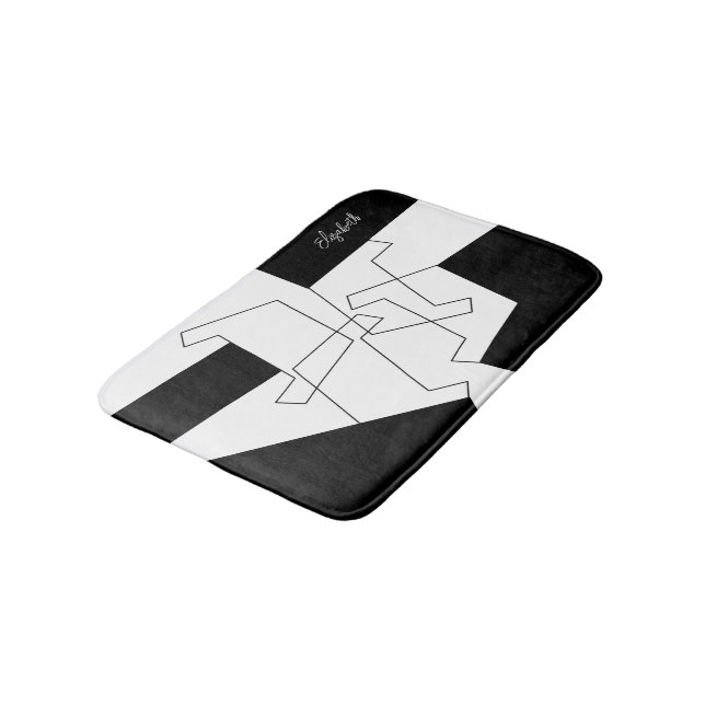 Geometric Trendy Black And White Personalized Bath Mat (Angled)