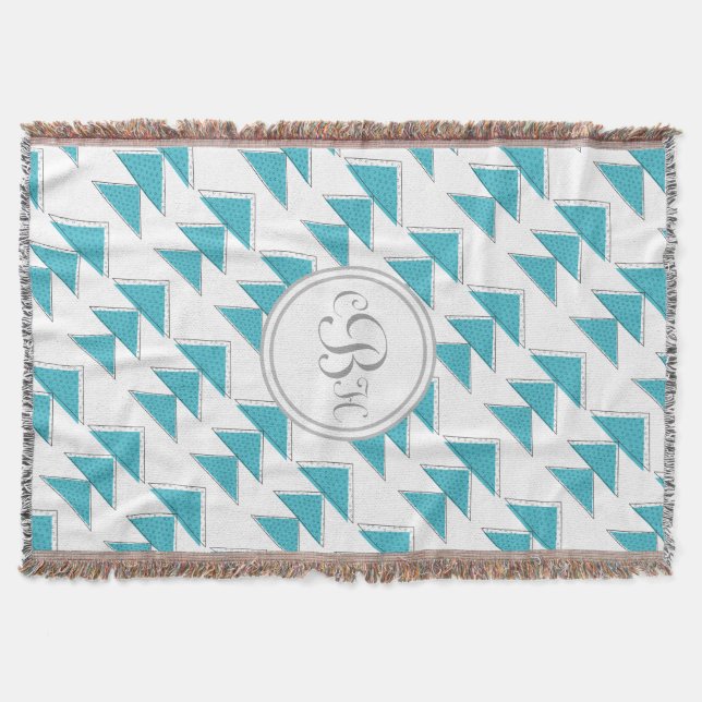 Geometric Triangle Aqua and Grey Monogram Pattern Throw Blanket (Front)