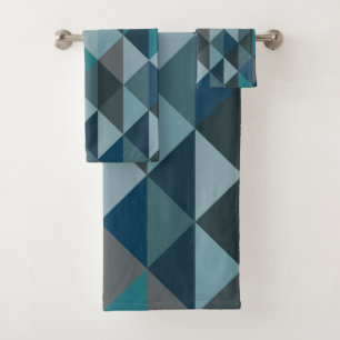 Geometric Triangle Pattern in Blue and Grey Bath Towel Set
