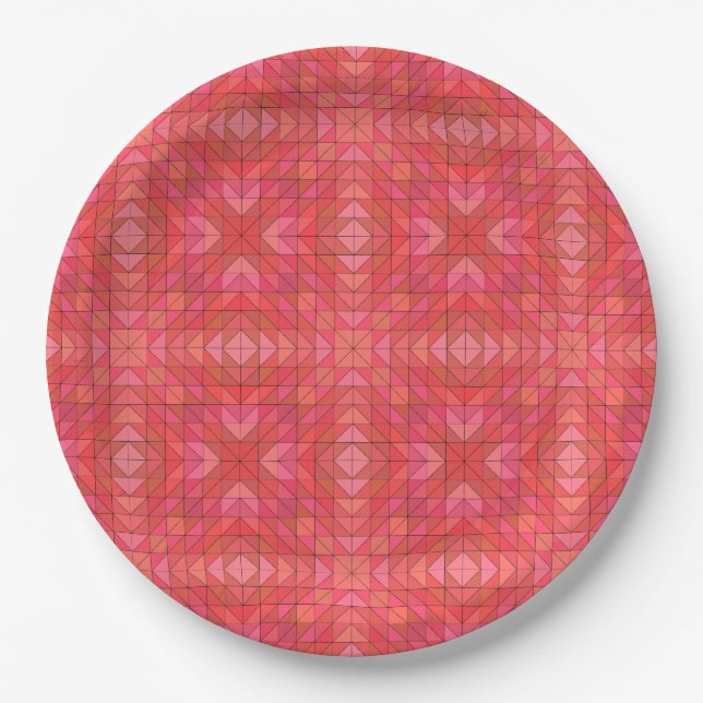 Geometric Triangles and Diamonds In Red And Pink Paper Plate (Front)