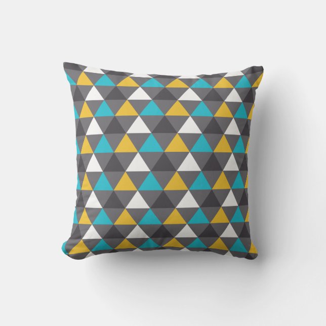 Geometric Triangles Grey Blue Yellow Pattern Throw Pillow (Front)