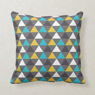 Geometric Triangles Grey Blue Yellow Pattern Throw Pillow