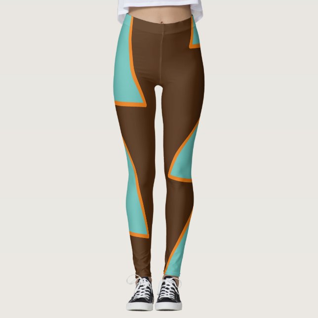 Geometric Triangles : Light Teal Salmon  Brown Leggings (Front)