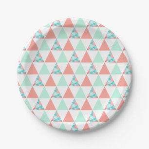 Geometric Triangles Mint Green Coral Pink Pattern Paper Plate
