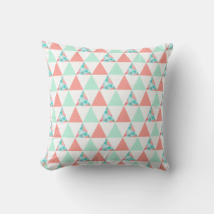 Geometric Triangles Mint Green Coral Pink Pattern Throw Pillow