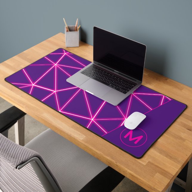 Geometric triangles neon pink Monogram purple Desk Mat (Office 2)