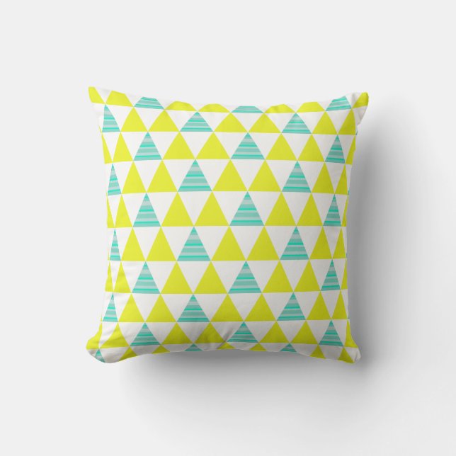Geometric Triangles Pattern In Yellow White Aqua Throw Pillow (Front)