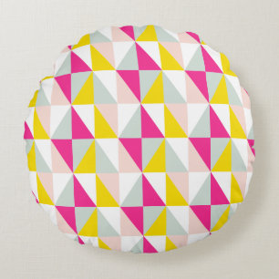 Geometric Triangles Pink And Yellow Pattern Round Pillow