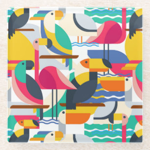 Geometric Tropical Birds Glass Coaster