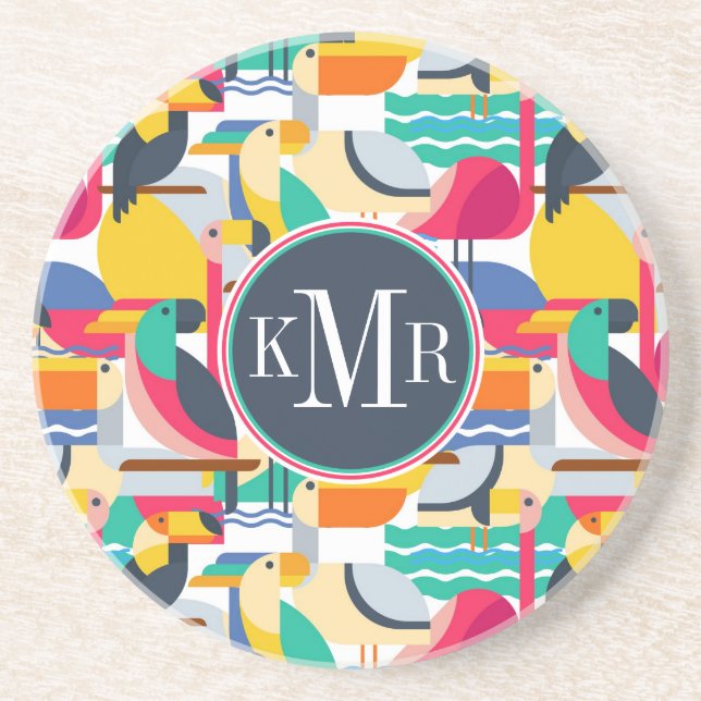 Geometric Tropical Birds | Monogram Coaster (Front)
