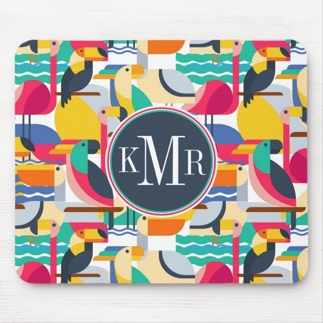Geometric Tropical Birds | Monogram Mouse Pad (Front)