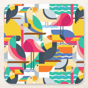 Geometric Tropical Birds Square Paper Coaster
