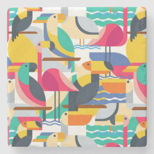 Geometric Tropical Birds Stone Coaster