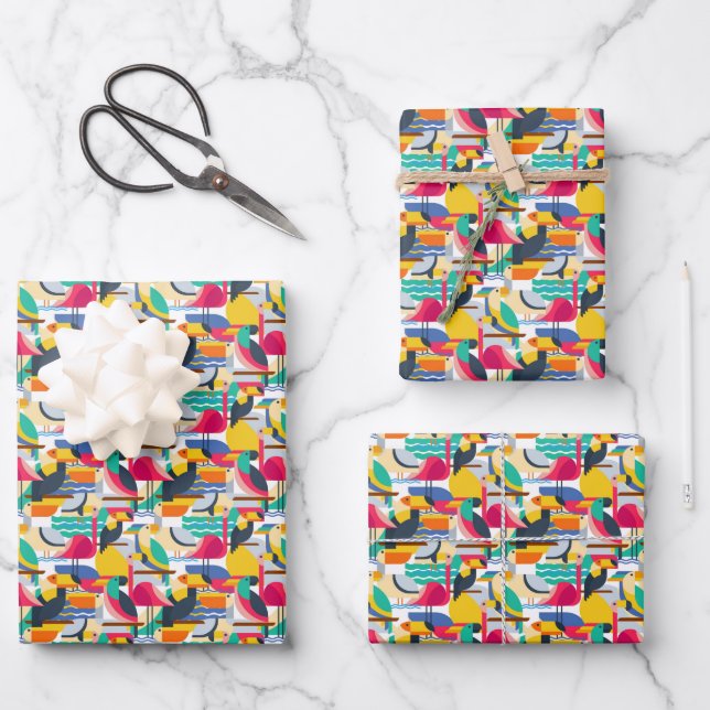 Geometric Tropical Birds Wrapping Paper Sheet (Front)