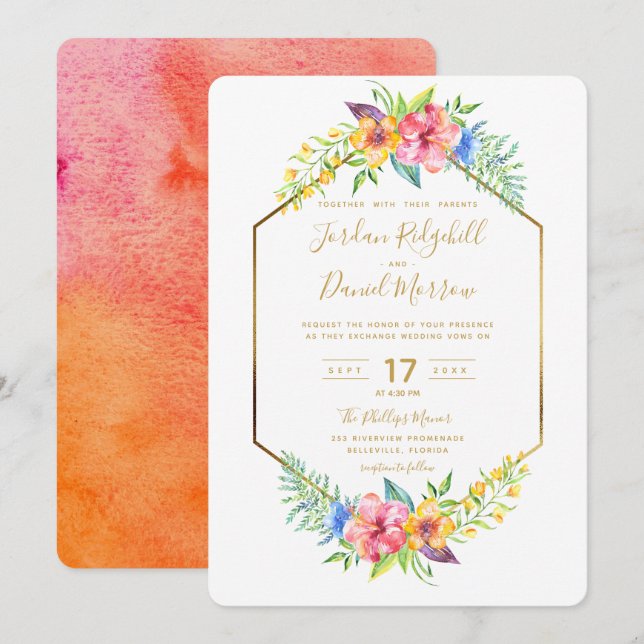 Geometric Tropical Floral Gold Watercolor Wedding Invitation (Front/Back)