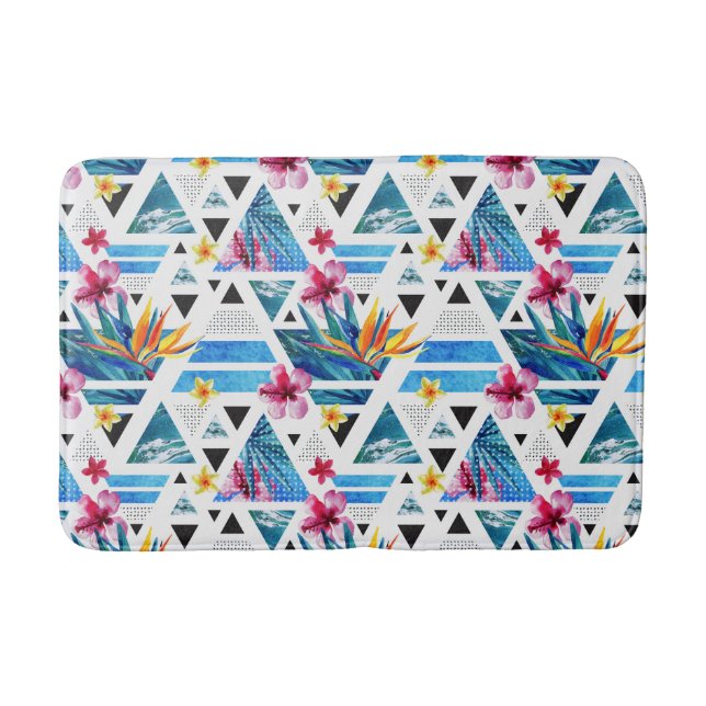Geometric Tropical Flowers Pattern Bath Mat (Front)