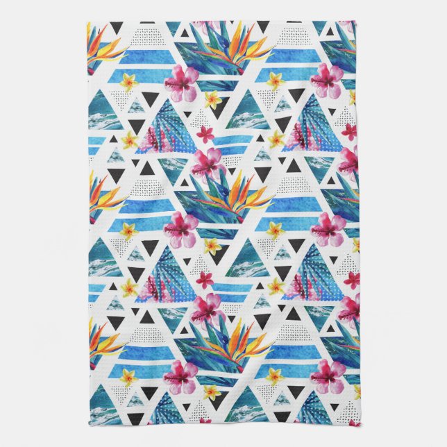 Geometric Tropical Flowers Pattern Kitchen Towel (Vertical)